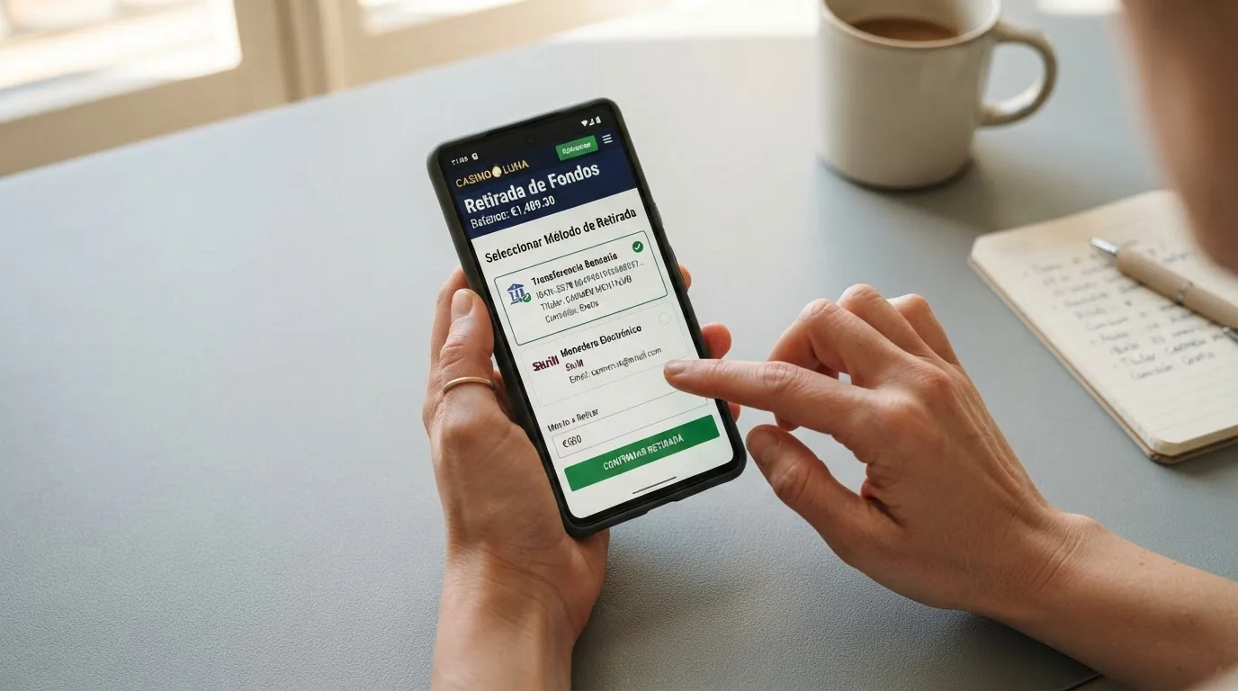 Un jugador consultando las opciones de retirada en el cajero de un casino online: transferencia bancaria, monedero electrónico