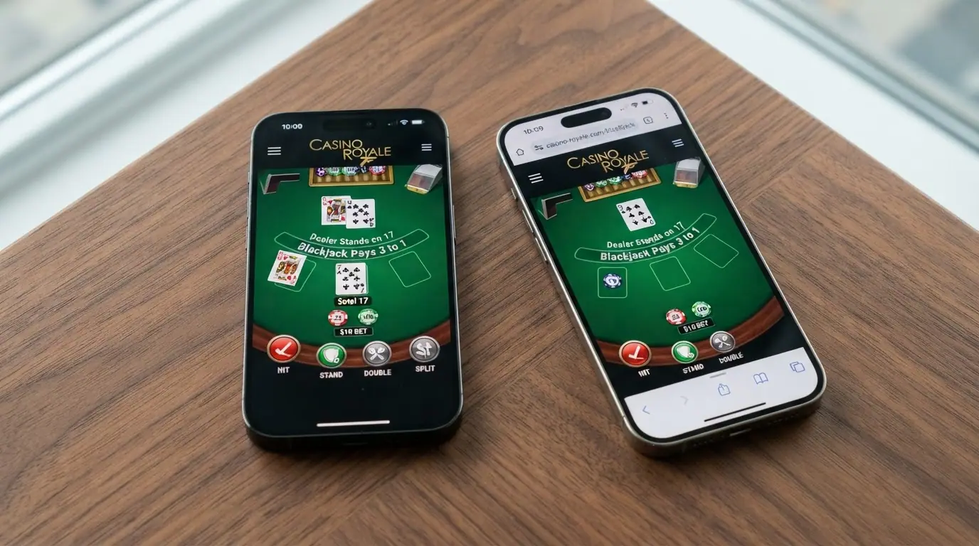 Dos pantallas de móvil una al lado de la otra: a la izquierda, una app de casino nativa abierta; a la derecha, el mismo casino funcionando en el navegador Chrome, con la misma partida de blackjack en ambas