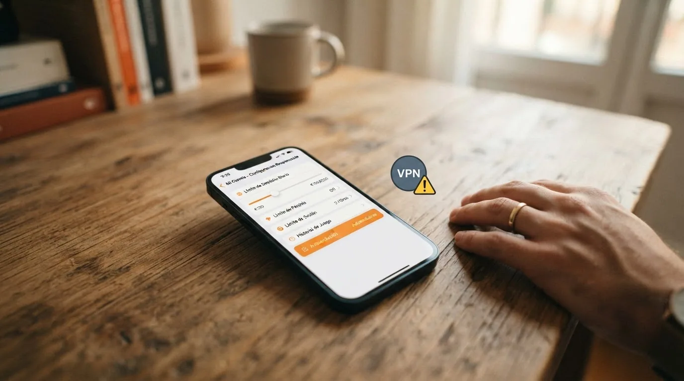 Teléfono móvil mostrando herramientas de límite de depósito y autoexclusión junto a un icono de VPN con un signo de advertencia