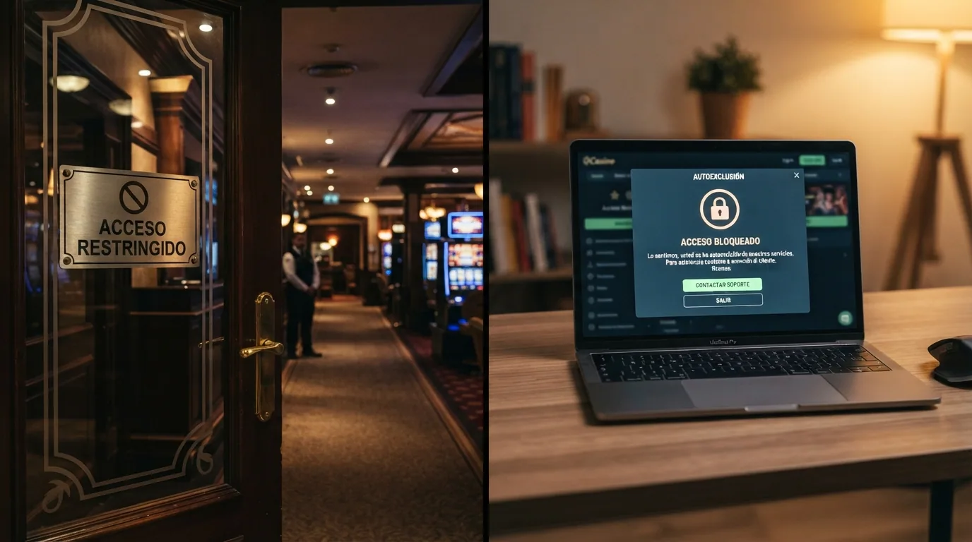 Pantalla partida que muestra un casino físico con un cartel de acceso restringido a la izquierda y una pantalla de ordenador con un candado de autoprohibición a la derecha