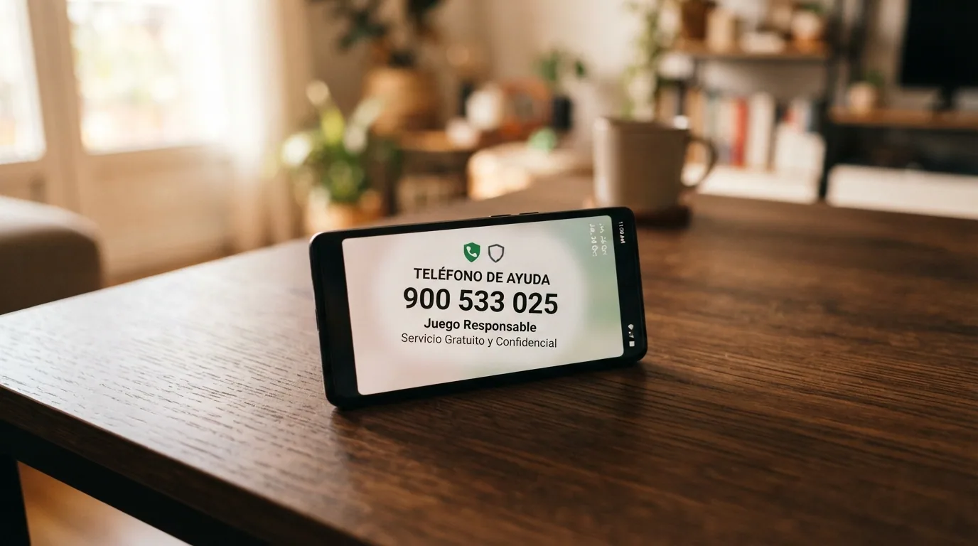 Pantalla de un teléfono móvil mostrando el número 900 533 025, el teléfono gratuito de ayuda contra la ludopatía en España