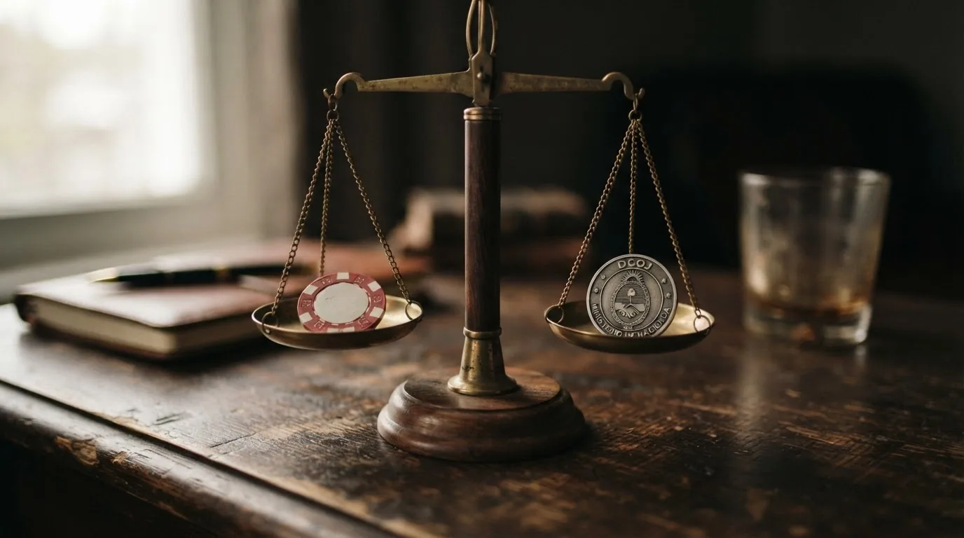 Una balanza conceptual con el símbolo de Bitcoin Cash en un platillo y el sello de la DGOJ en el otro, ilustrando la decisión del jugador