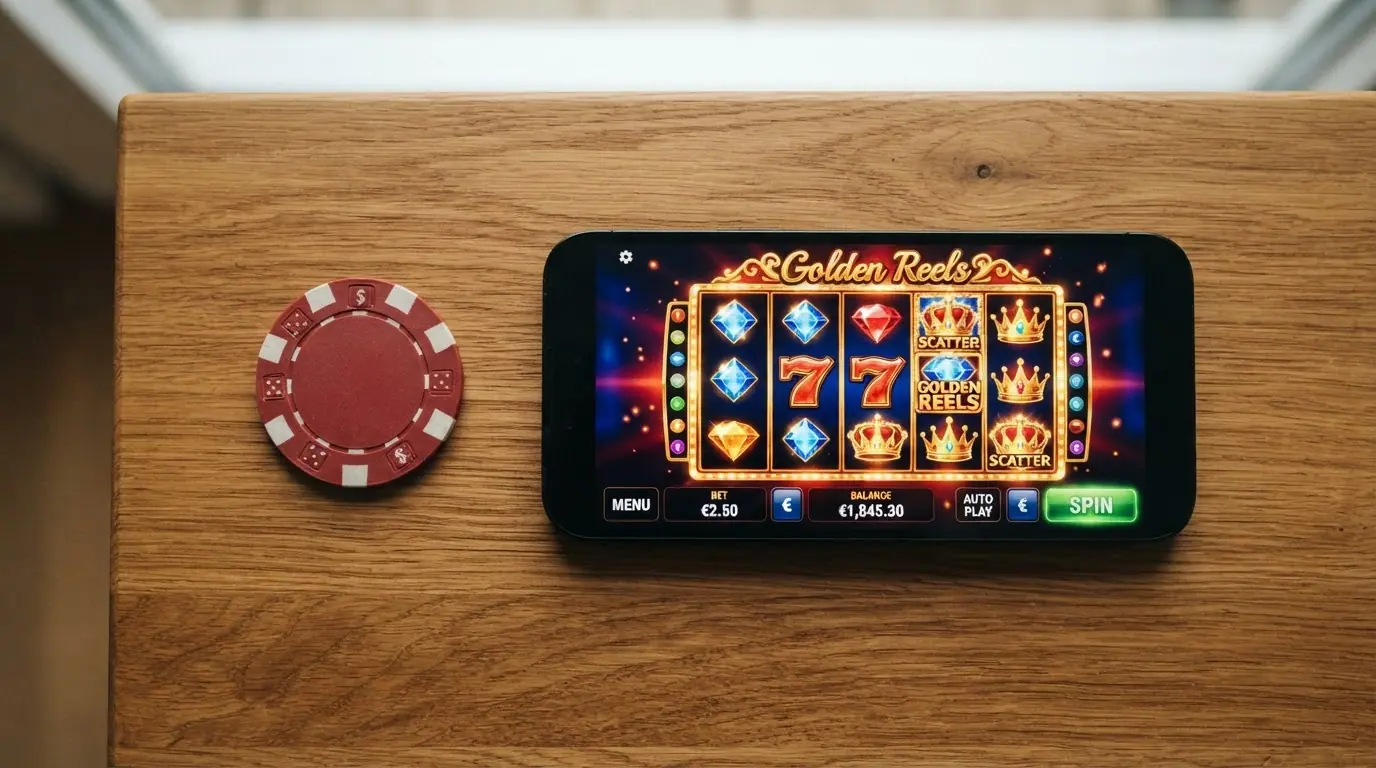 Un billete de 5 euros doblado junto a un teléfono móvil que muestra la pantalla de bienvenida de un casino online con licencia DGOJ