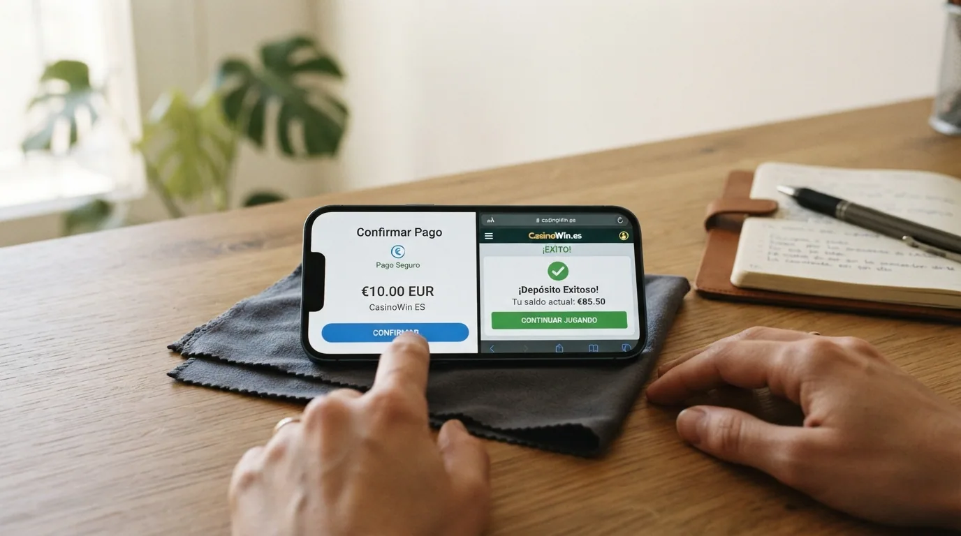 Un teléfono móvil mostrando la interfaz de pago de Bizum junto a la pantalla de un casino online