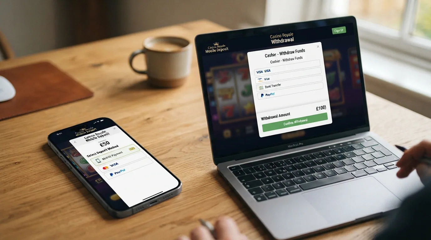 Pantalla de un casino online español donde Bizum aparece como opción de depósito pero está ausente en el menú de retirada