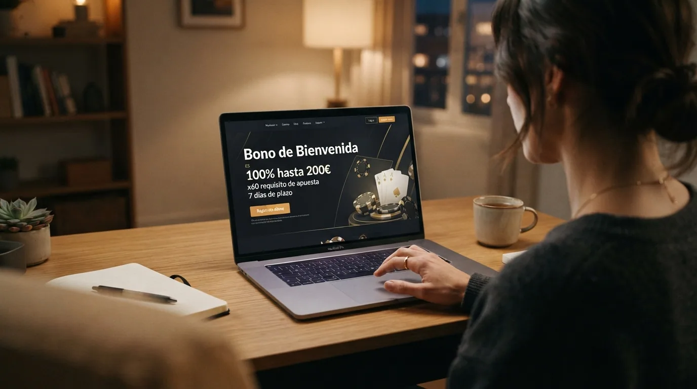 Pantalla de promoción de bienvenida de un casino online con el importe del bono, el requisito de apuesta y el plazo visibles