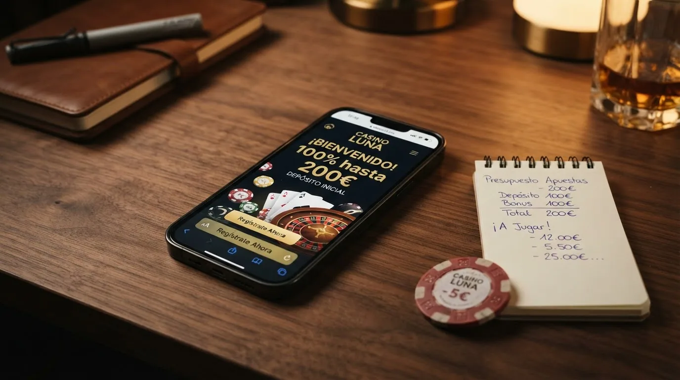 Pantalla promocional de un bono de bienvenida de casino con el texto «100% hasta 200€» y los términos legales del rollover y la validez en letra pequeña