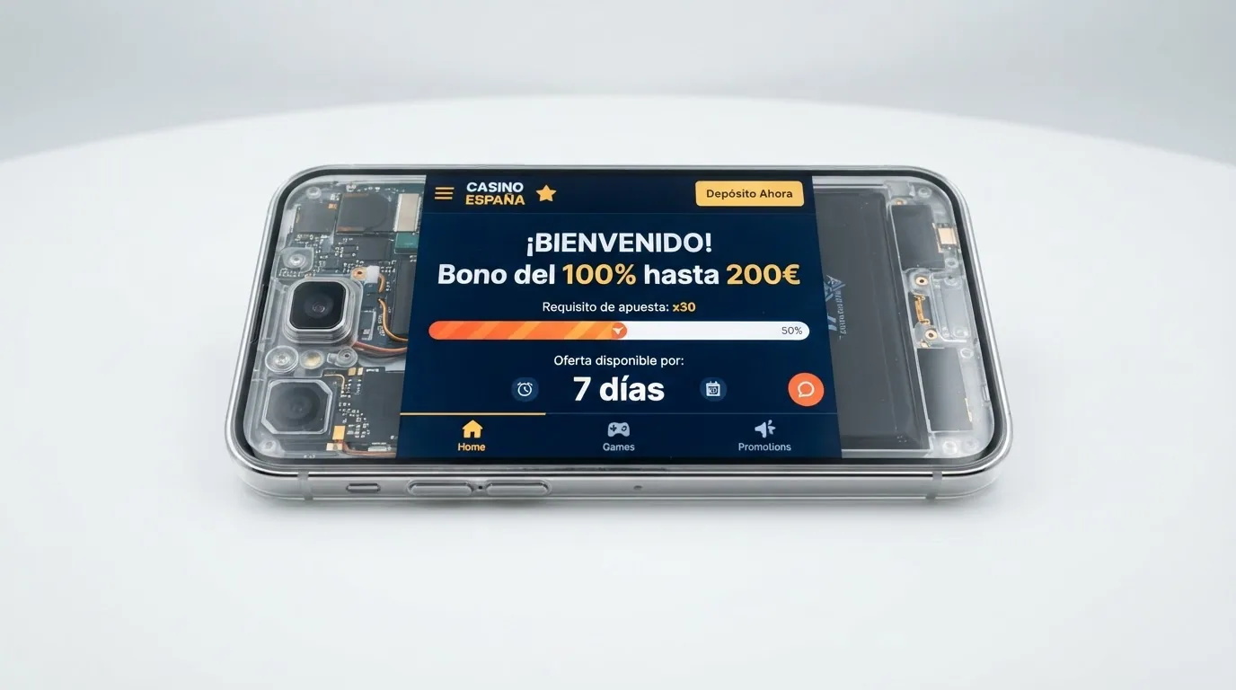 Pantalla promocional de un bono de bienvenida en un casino online español, con el importe del bono, el requisito de apuesta y la fecha de caducidad visibles