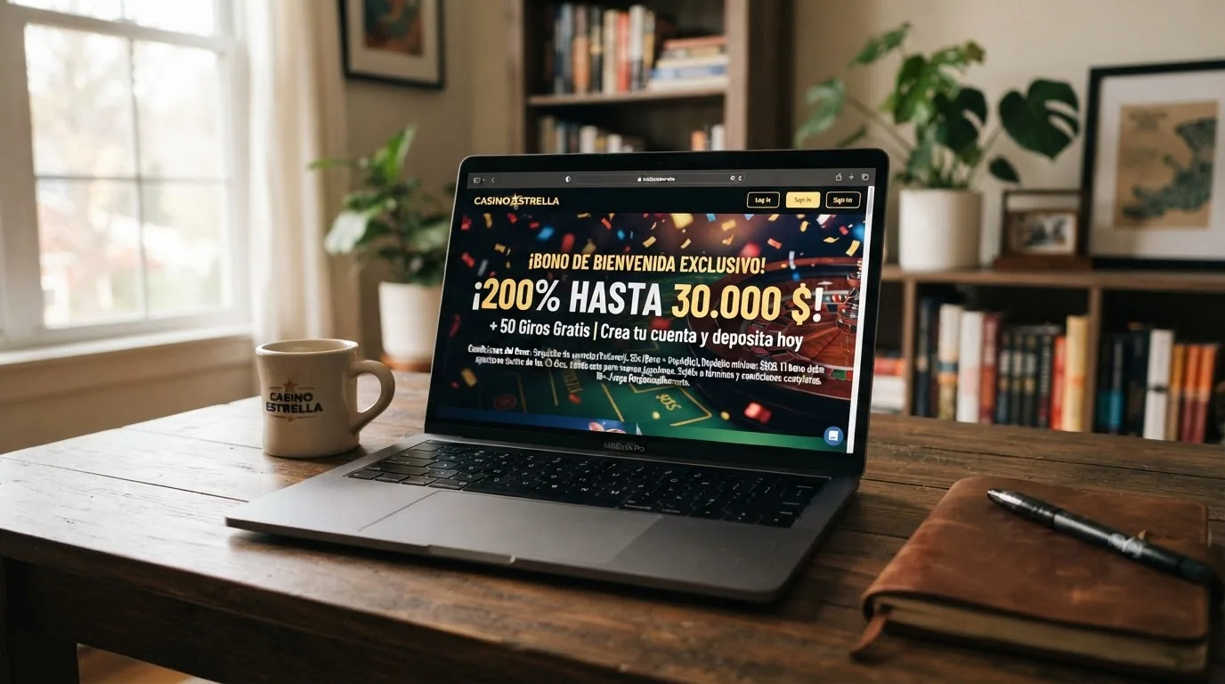 Una pantalla de promoción de bienvenida de un casino online con el porcentaje del bono destacado y la letra pequeña de condiciones debajo