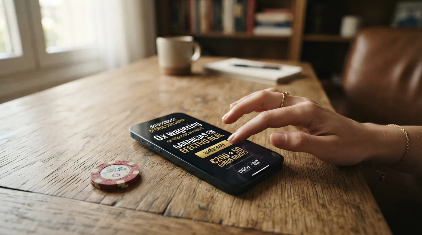 Pantalla de promoción de un casino online donde se lee «0x wagering» o «ganancias en efectivo real» junto al botón de registro