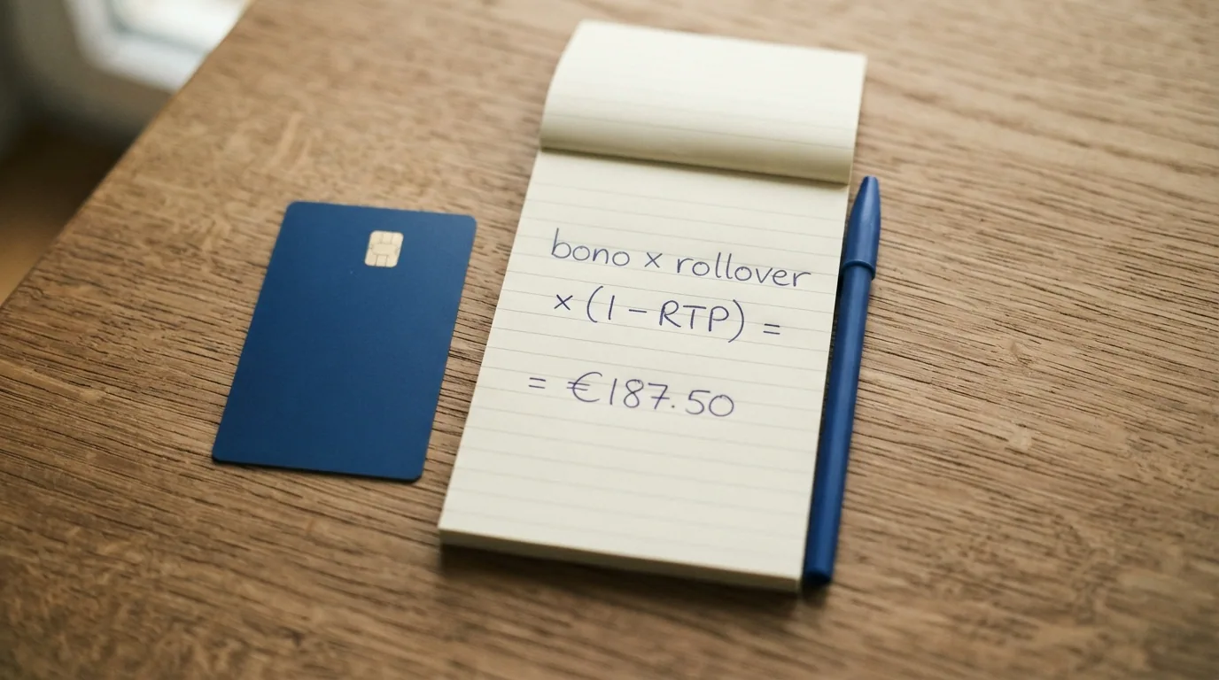 Una calculadora junto a una tarjeta de crédito, con una pantalla que muestra la fórmula «bono × rollover × (1 − RTP)» y un resultado numérico en euros