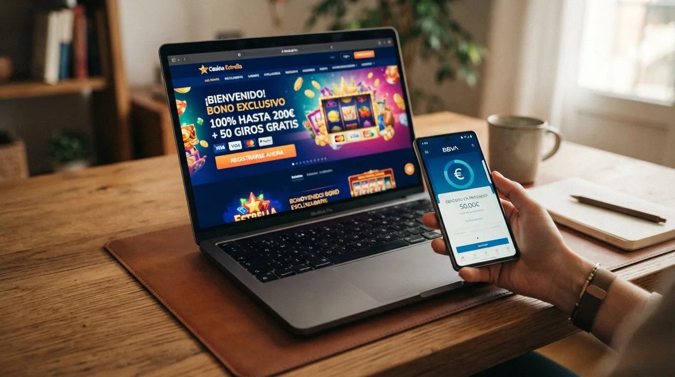 Pantalla de promoción de bienvenida de un casino online español mostrando el porcentaje de bono, las tiradas gratis incluidas y el botón de registro