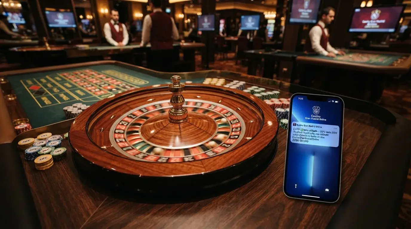 Primer plano de una ruleta de casino online junto a una notificación de bono activado en la pantalla de un móvil