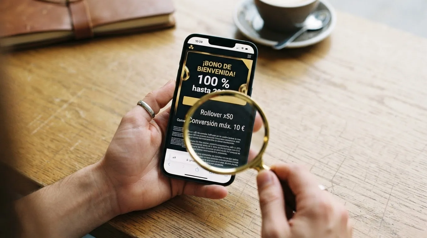 Pantalla de móvil con una notificación de bono de bienvenida («100 % hasta 200 €») superpuesta a una lupa que amplía la letra pequeña: «Rollover x50» y «Conversión máx. 10 €»