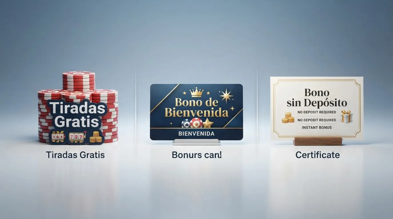 Una comparativa visual de tres ofertas de bono distintas — tiradas gratis, bono de bienvenida y bono sin depósito — cada una con su requisito de apuesta y plazo destacados en rojo