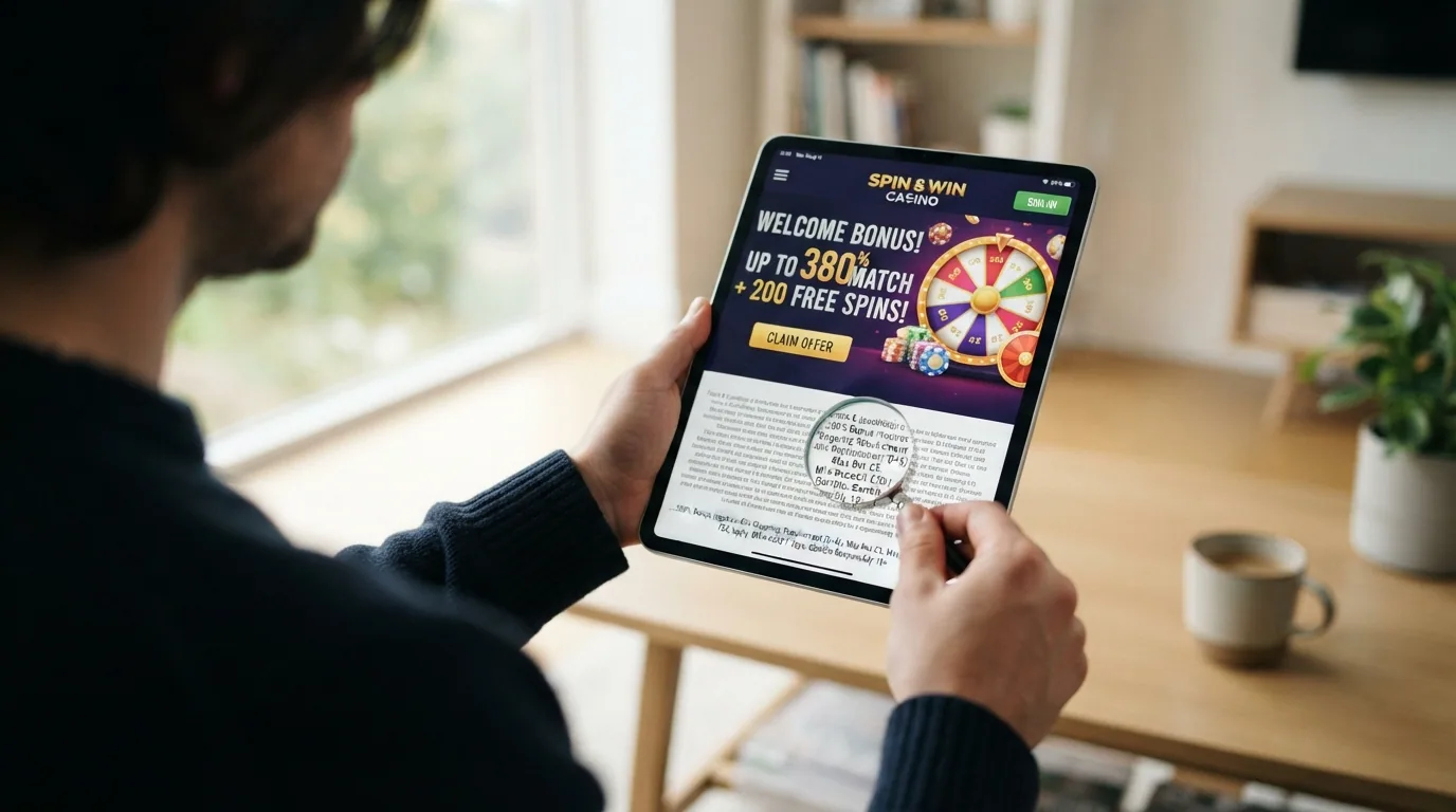 Pantalla de promoción de bienvenida de un casino online con un multiplicador grande (380% o 200%) junto a una lupa sobre la letra pequeña de los términos
