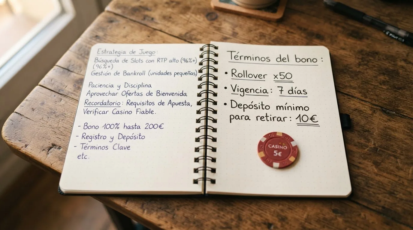 Primer plano de los términos y condiciones de un bono de bienvenida, con los apartados de rollover, vigencia y depósito mínimo para retirar subrayados.