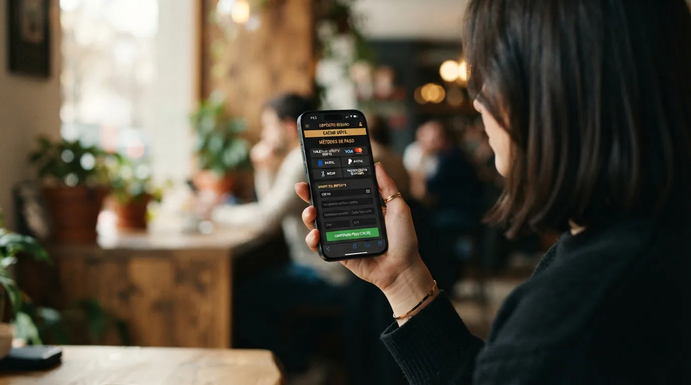 Mano sosteniendo un teléfono Android con un casino online abierto en el navegador y el icono de Google Pay visible en la sección de cajero