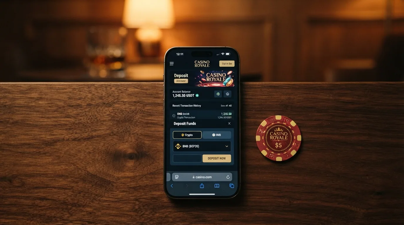 Un teléfono mostrando la interfaz adaptativa de un casino online con el logo de BNB visible en la sección de depósito