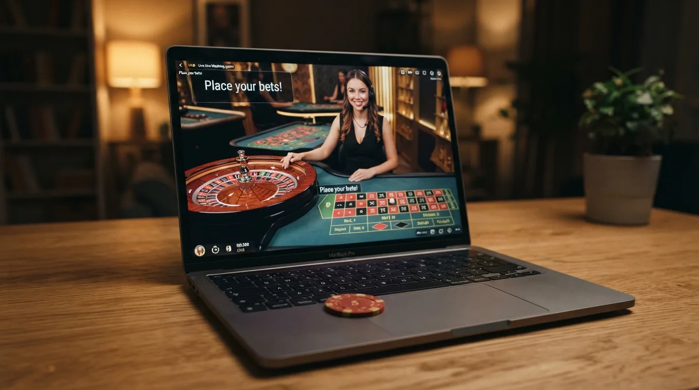Mesa de ruleta en vivo con crupier real, interfaz de apuestas en pantalla y saldo en criptomonedas visible en la esquina