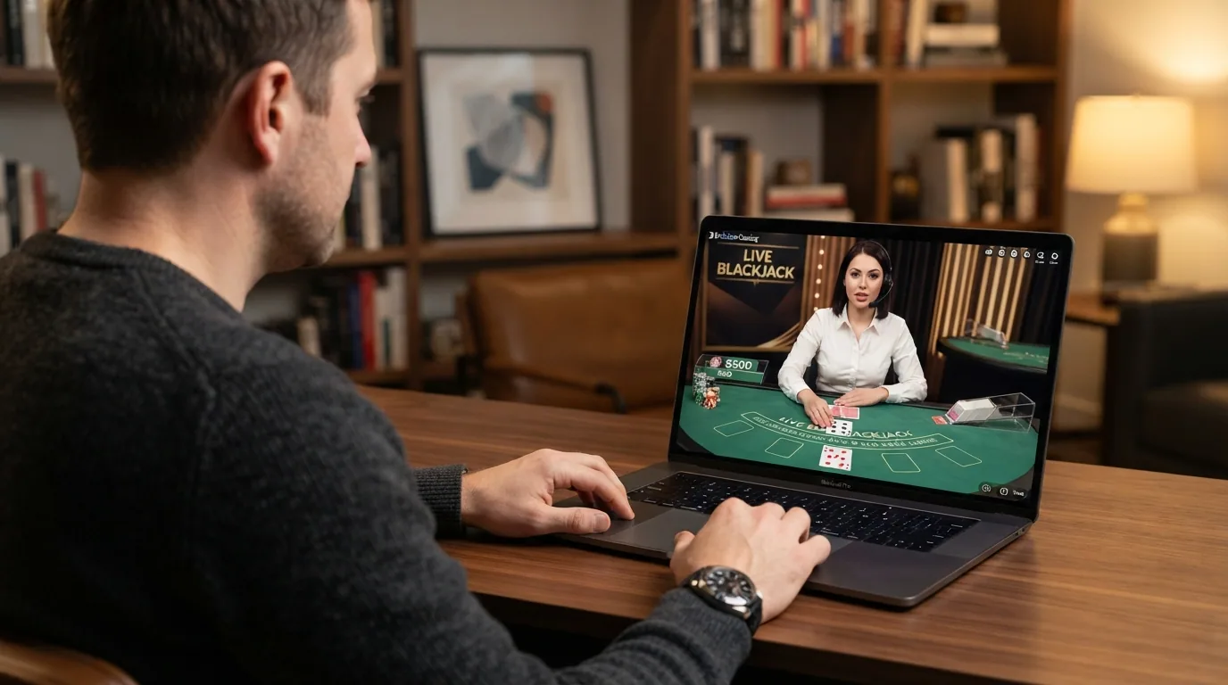 Pantalla de portátil con una partida de blackjack en vivo: el crupier reparte las cartas sobre el tapete y las fichas se apilan a un lado