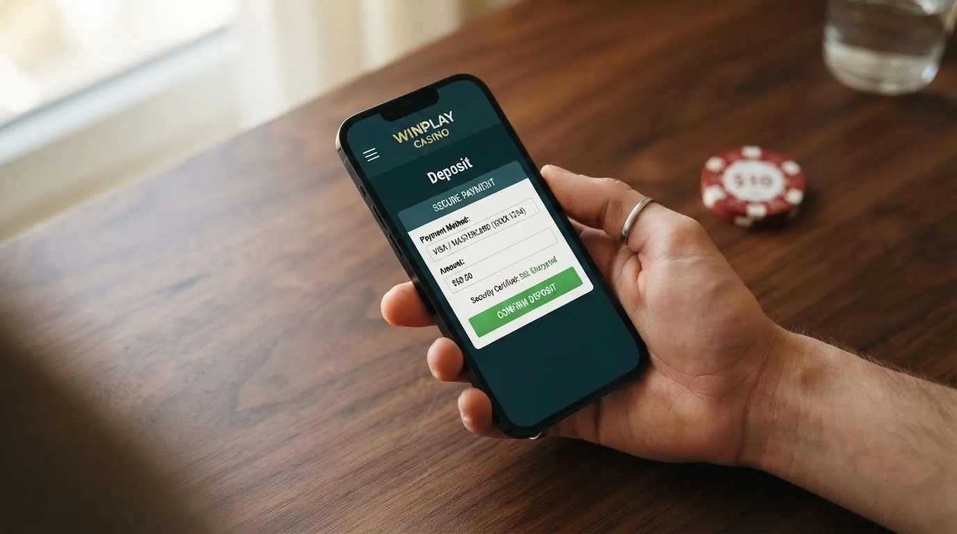 Una mano sosteniendo un iPhone en horizontal con un casino online abierto y el icono de Apple Pay visible en la pantalla de caja