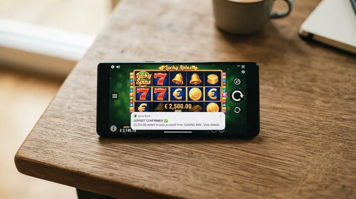 Móvil mostrando la app de un casino español con Bizum como método de pago seleccionado, junto a la notificación de la app bancaria