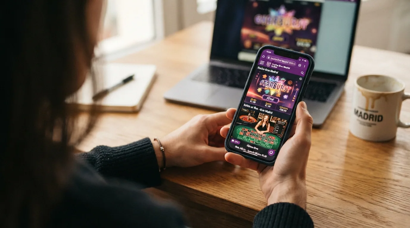 Mano sosteniendo un teléfono móvil con un casino online abierto en el navegador y el icono de CaixaBank Pay visible en la pantalla de pago