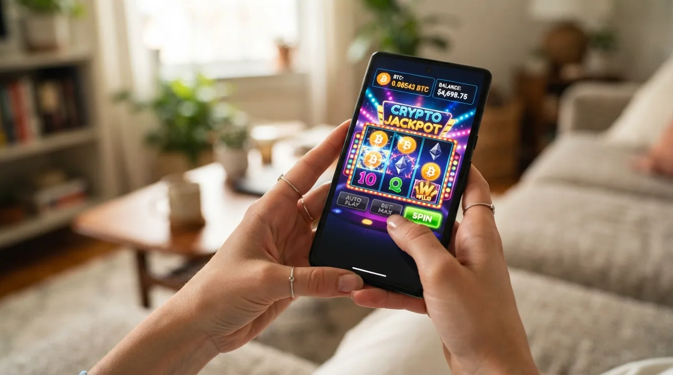 Manos sosteniendo un teléfono en horizontal mostrando una tragaperras de casino en funcionamiento, con el icono de Dogecoin visible en la esquina del saldo