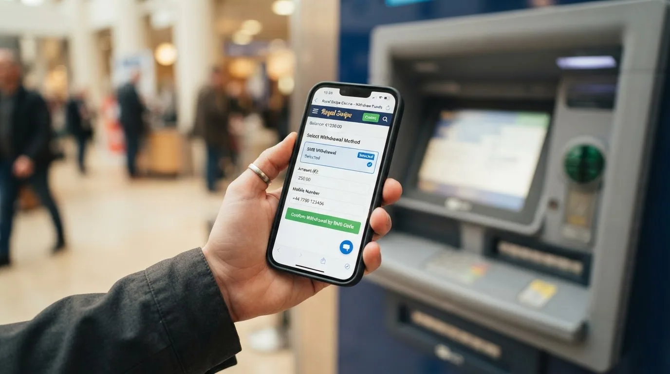 Mano sosteniendo un teléfono móvil con la interfaz de un casino online español abierta junto a un cajero automático al fondo