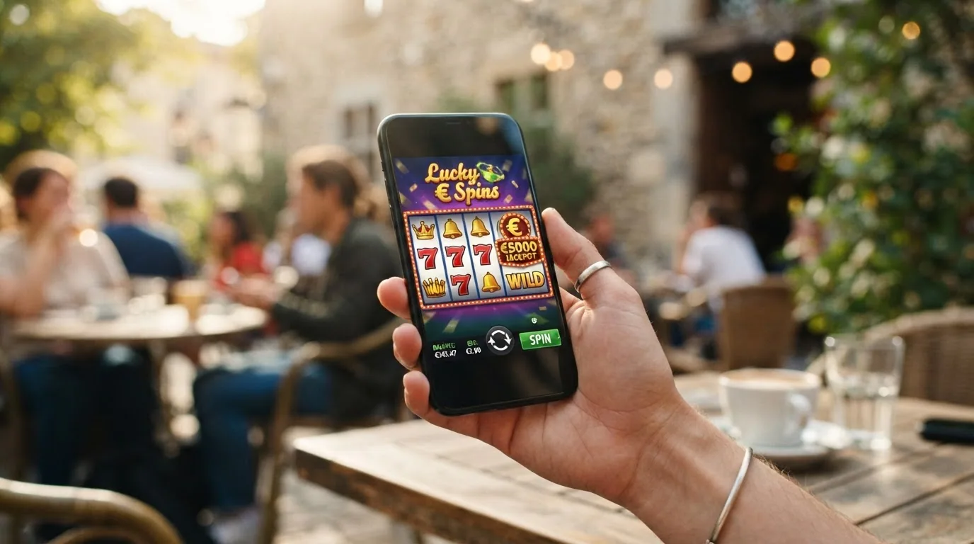 Mano sujetando un teléfono con la pantalla de un juego de tragaperras de casino online abierta