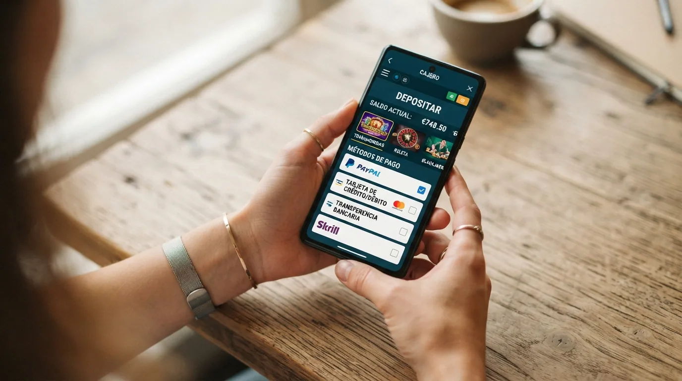 Mano sujetando un teléfono móvil con la pantalla de un casino online abierta en el navegador y el logo de PayPal visible en la caja