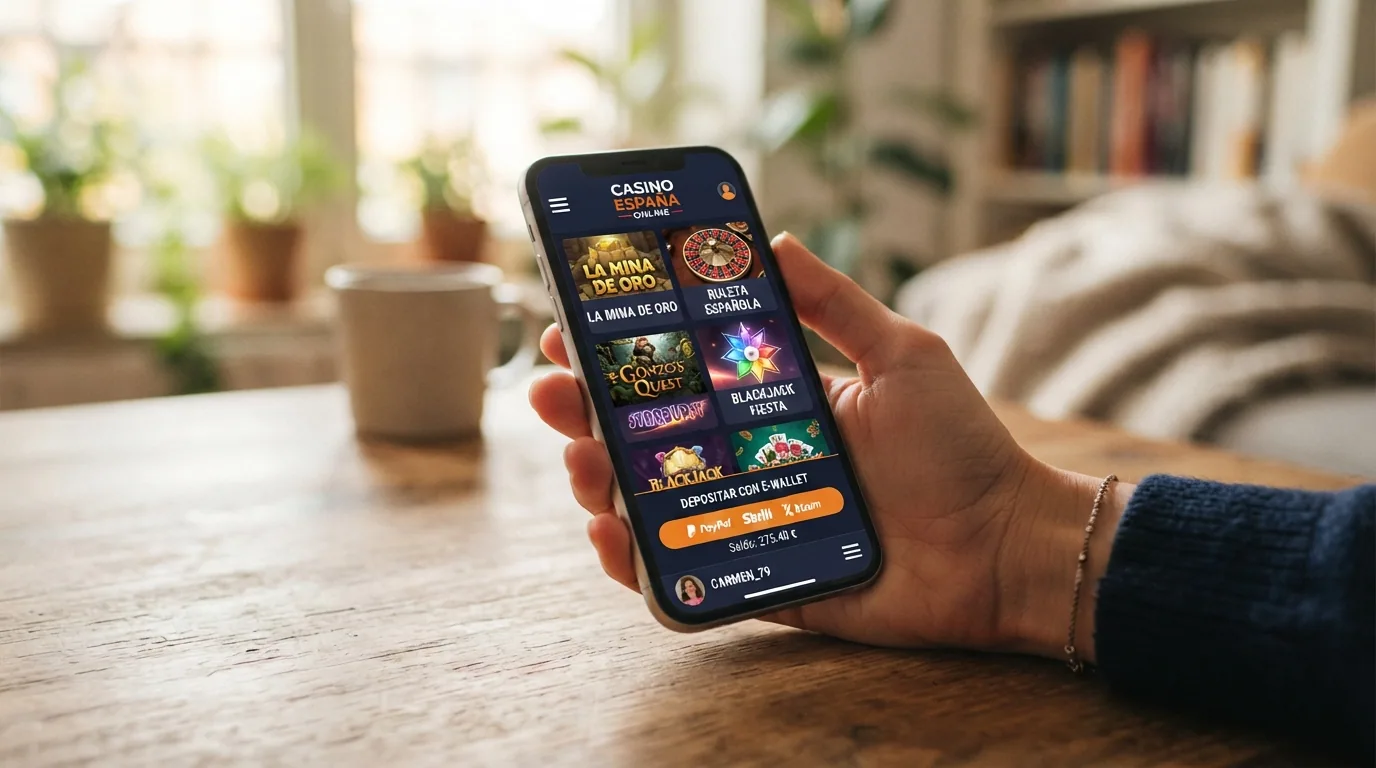 Un teléfono móvil en orientación horizontal mostrando la cuadrícula de juegos de un casino online con el icono de Skrill visible en la barra de depósito