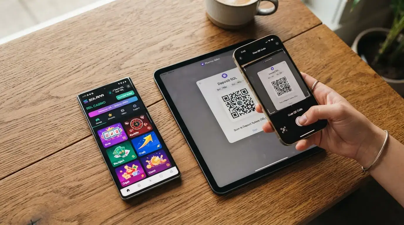 Un teléfono mostrando un casino Solana en el navegador móvil junto a un monedero Phantom con un código QR de depósito