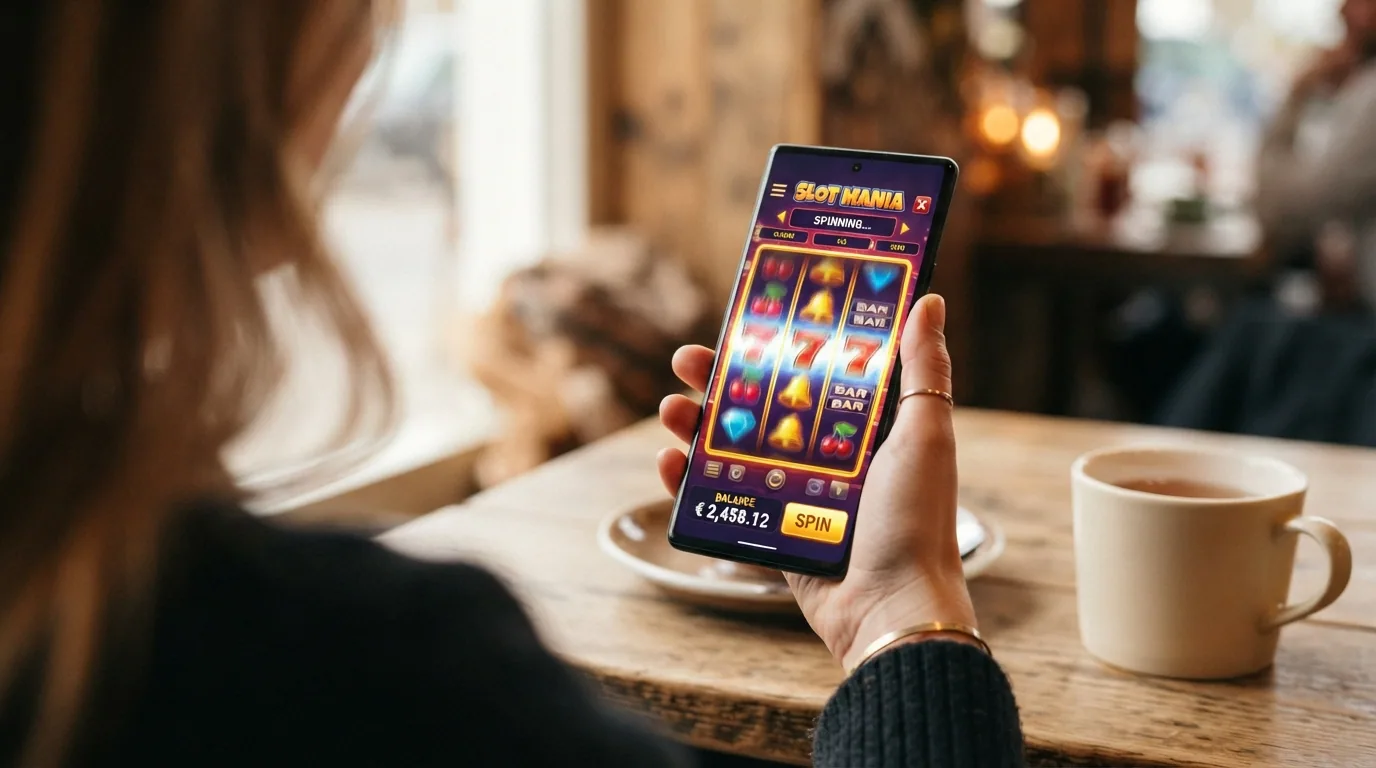 Mano sujetando un teléfono con la pantalla de un casino online abierta, mostrando el icono de Visa entre los métodos de pago y la interfaz de juego de una tragaperras