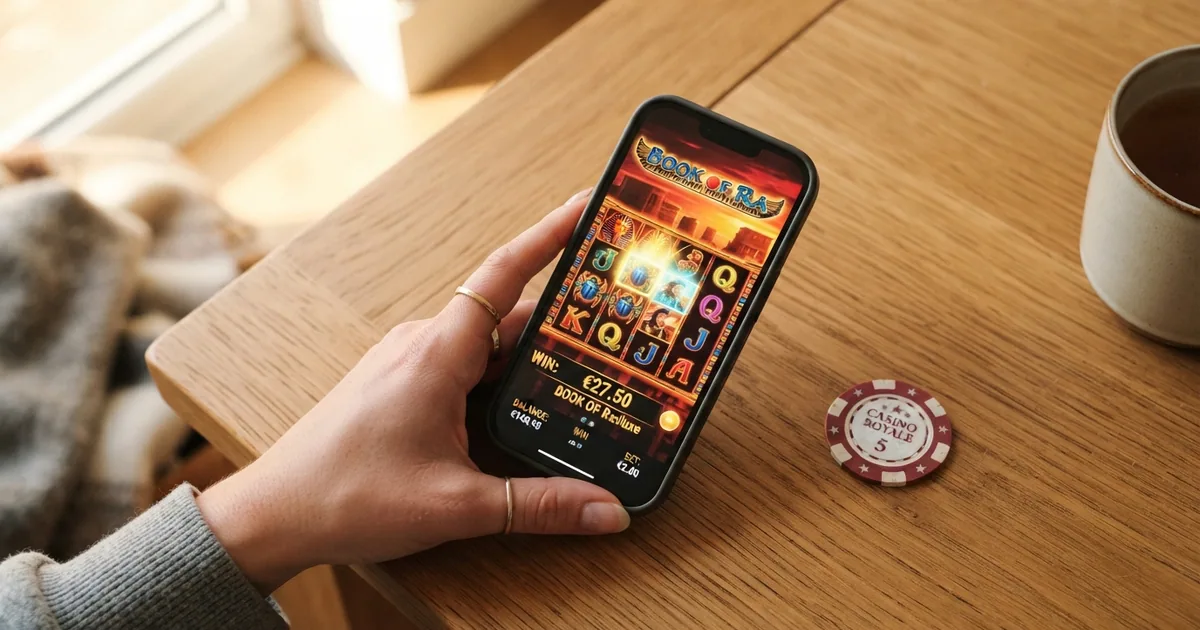 Mano sosteniendo un teléfono móvil con la interfaz de un casino online y un billete de cinco euros junto al dispositivo