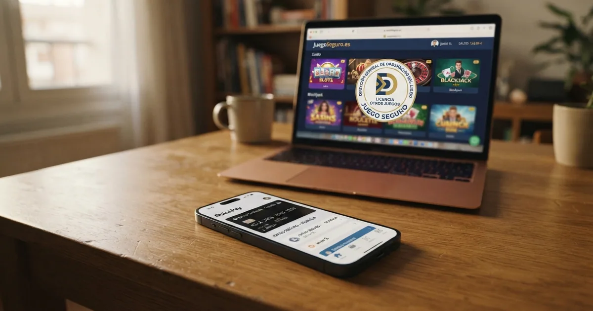 Teléfono móvil mostrando la app de CaixaBank Pay junto a la pantalla de un casino online español con licencia DGOJ