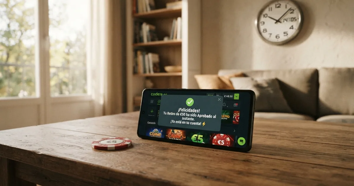 Reloj marcando la hora junto a un móvil con la pantalla de un casino online en español y un billete de euro encima de la mesa