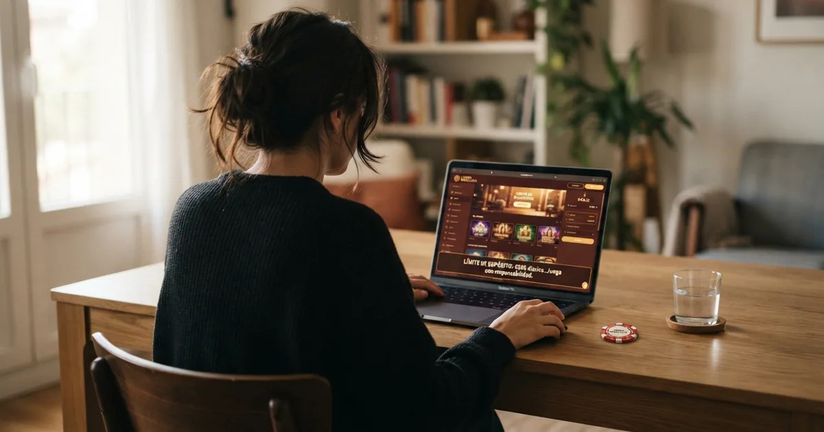 Un jugador frente a una pantalla con la interfaz de un casino online, consultando una tabla de condiciones en otra ventana