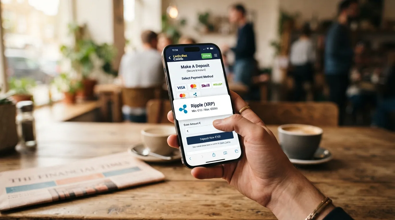 Una mano sujetando un teléfono con la página de depósito de un casino online abierta en el navegador móvil