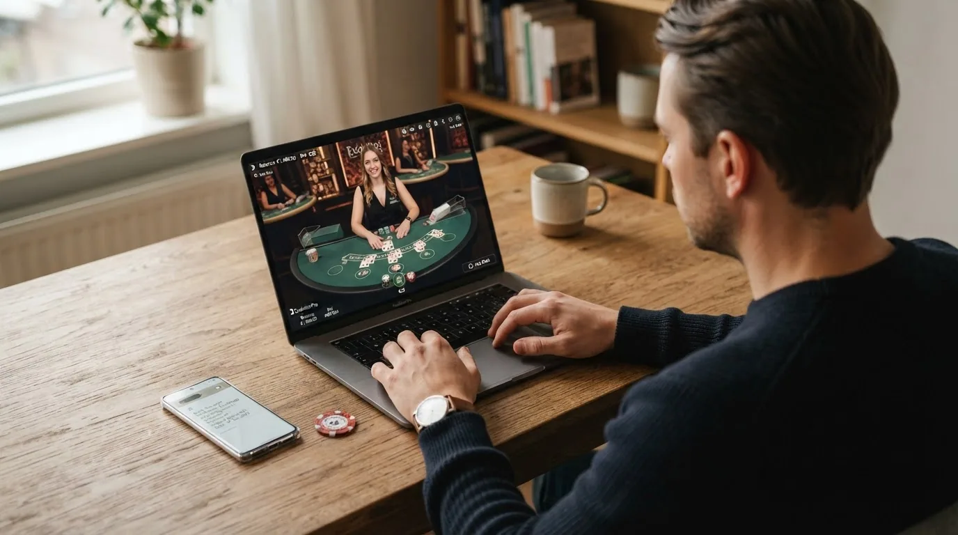 Jugador consultando el móvil frente a la pantalla de un ordenador con un casino online abierto y un extracto bancario al lado