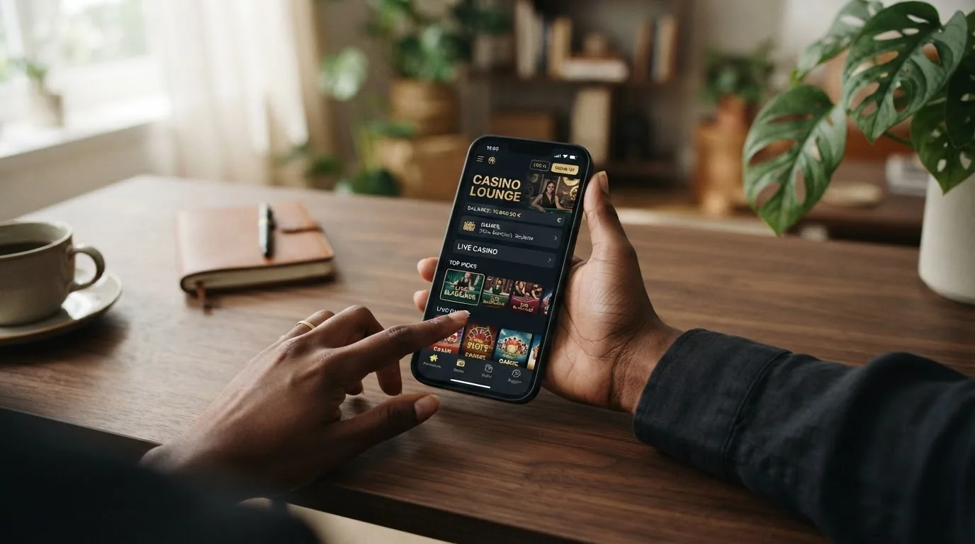Teléfono móvil mostrando la interfaz adaptativa de un casino online con el navegador abierto