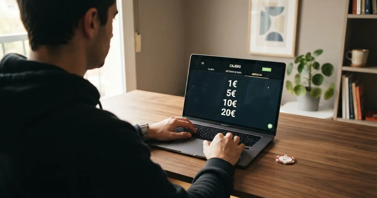 Un jugador frente a la pantalla de cajero de un casino online con importes de 1€, 5€, 10€ y 20€ visibles en la interfaz