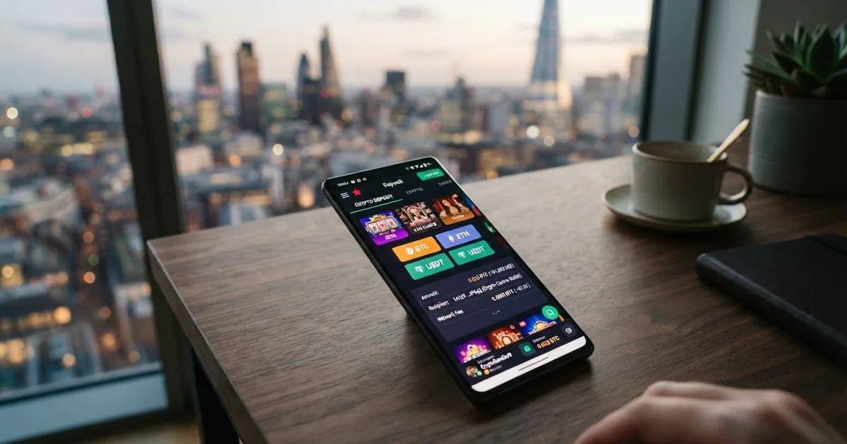 Pantalla de un casino online mostrando el logotipo de Cardano (ADA) entre los métodos de depósito disponibles, junto a una cartera digital abierta en un teléfono móvil