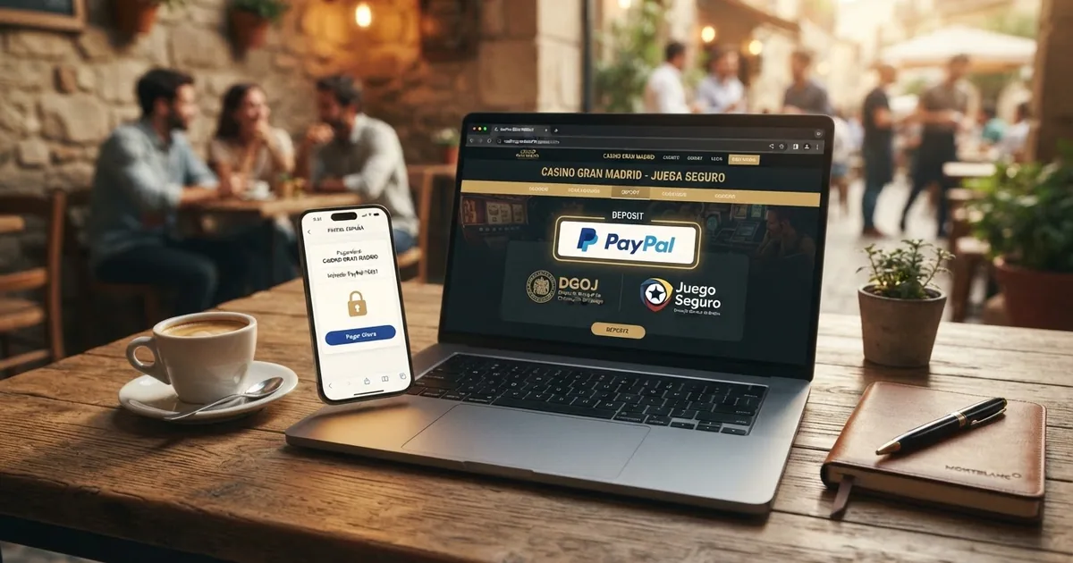 Interfaz de la aplicación Neteller en un teléfono junto a una pantalla de ordenador mostrando un casino online español con el logotipo de Neteller como método de pago destacado