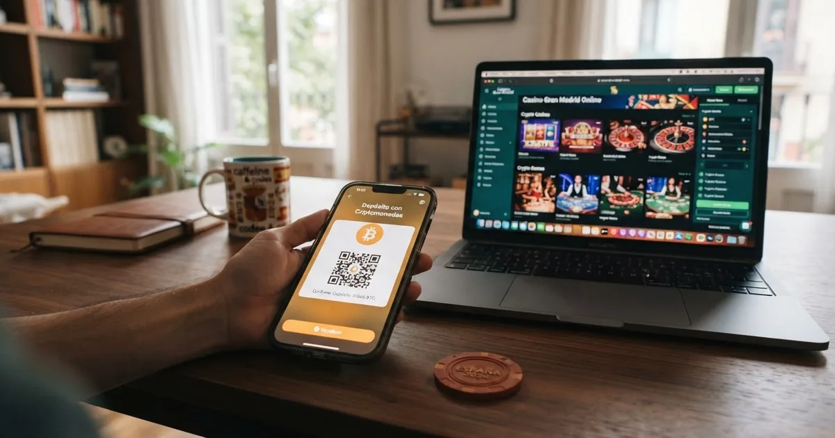 Un teléfono móvil mostrando la pantalla de depósito de un casino online con el logo de Dogecoin y una cartera digital abierta junto a un ordenador portátil