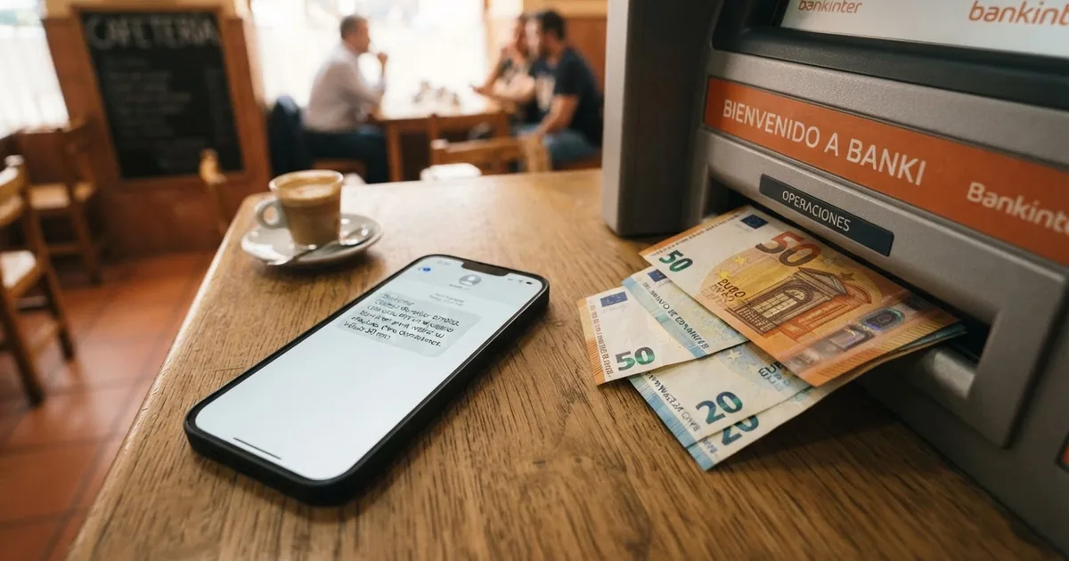 Un teléfono móvil mostrando un SMS con un código de referencia HalCash junto a un cajero automático de Bankinter con billetes de 20€ y 50€