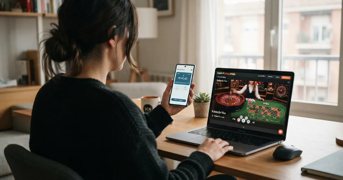 Jugador consultando la app de Revolut junto a la pantalla de un casino online español con licencia DGOJ