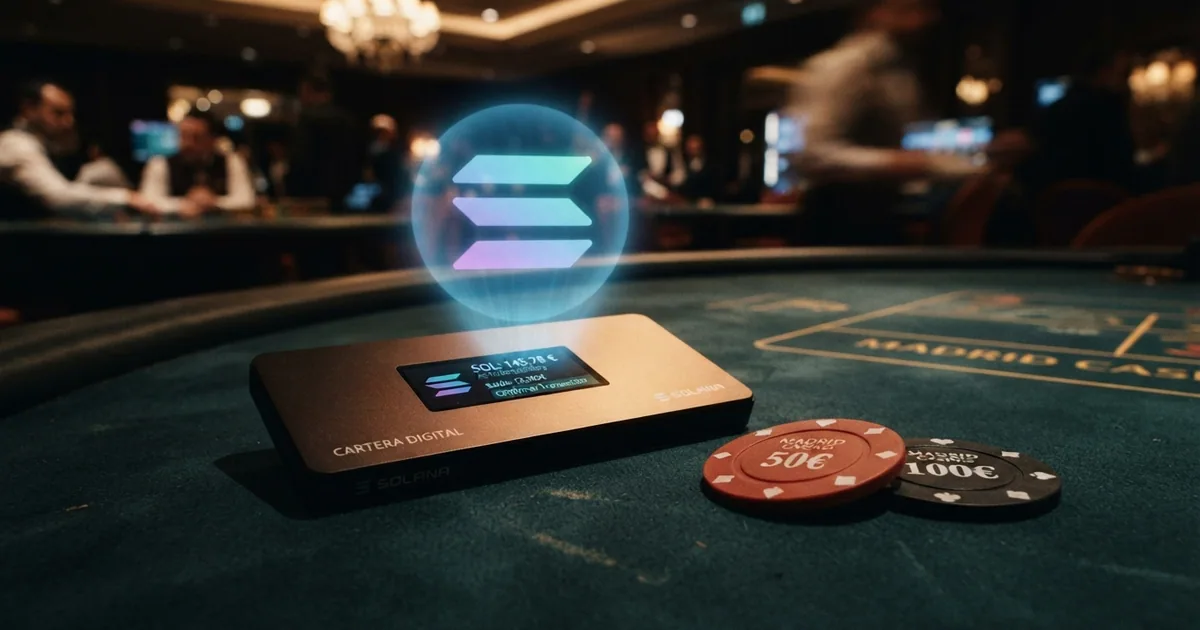 Cartera digital con fichas de casino y el logotipo de Solana sobre una mesa de juego