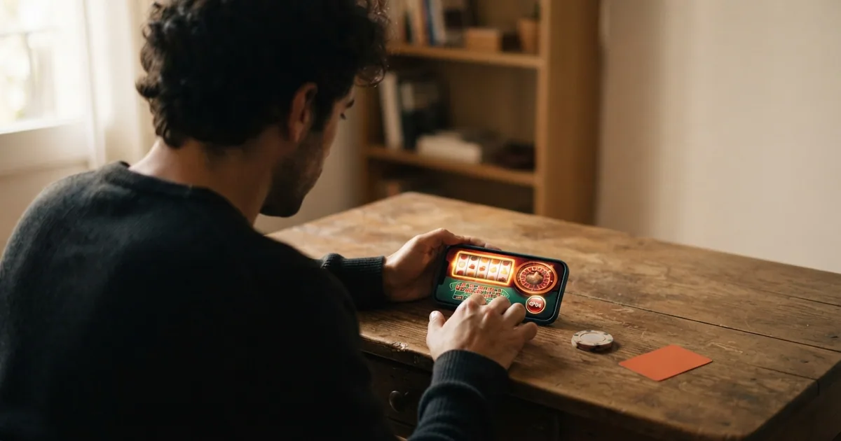 Un jugador frente a una pantalla con la interfaz de un casino online, junto a un documento de identidad apartado a un lado y un candado abierto